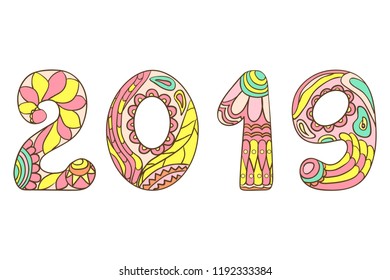 Numbers 2019. Happy New Year. Hand drawn signs with abstract patterns on isolation background. Design for spiritual relaxation for adults. Line art. Intricate colorful symbols on white. Greeting cards