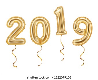 Numbers 2019 made of golden balloons isolated on white background. 2019 New year concept.