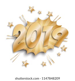 numbers 2019 in retro comic speech bubble with realistic shadows on white background. happy new 2019 year vector illustration