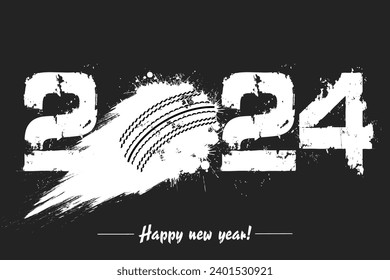 Números 202 y bola de cricket abstracta volando hecha de manchas con de manera lechosa en estilo grunge. Feliz Año Nuevo 2002. Plantilla de diseño para tarjeta de felicitación. Ilustración del vector en el fondo aislado