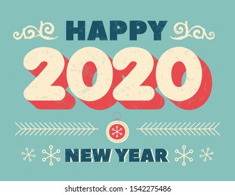Numbers 2020 Christmas New Year lettering clip art, isolated print. Handwritten Vintage poster or greeting card. Vector Happy New Year typography. Winter design Grunge effects can be easily removed 