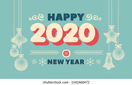 Numbers 2020 Christmas New Year lettering clip art with christmas ball Handwritten Vintage poster or greeting card. Vector Happy New Year typography. Winter design Grunge effects can be easily removed