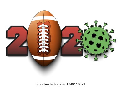 Numbers 2020 and coronavirus sign with football ball. Stop covid-19 outbreak. Caution risk disease 2019-nCoV. Cancellation of sports tournaments. Vector illustration