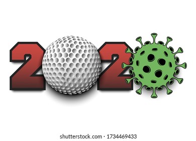 Numbers 2020 and coronavirus sign with golf ball. Stop covid-19 outbreak. Caution risk disease 2019-nCoV. Cancellation of sports tournaments. Vector illustration
