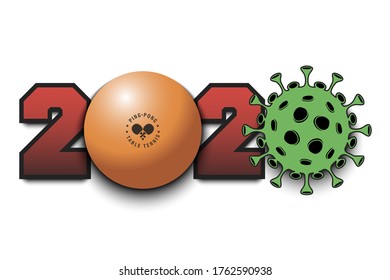 Numbers 2020 and coronavirus sign with ping-pong ball. Stop covid-19 outbreak. Caution risk disease 2019-nCoV. Cancellation of sports tournaments. Vector illustration