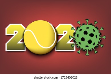 Numbers 2020 and coronavirus sign with tennis ball. Stop covid-19 outbreak. Caution risk disease 2019-nCoV. Cancellation of sports tournaments. Vector illustration