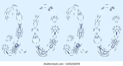 Numbers 2020 dark blue on a light blue background. Figures from a snow blizzard with bright stars and highlights. For the design of winter themes in 2020.
