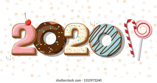Numbers 2020 from the donuts, cookies and lollipop. Sweet New year and Christmas. Cartoon vector illustration.
