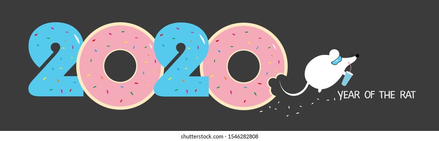 Numbers 2020 from the donuts with glaze. Cute cartoon rat or mouse with a cocktail in sunglasses on dark background. Sweet New year and Christmas. Year Of The Rat 2020. Holiday greeting card. 