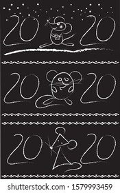 The numbers 2020, symbolizing the New year with the image of a mouse, repeated three times.