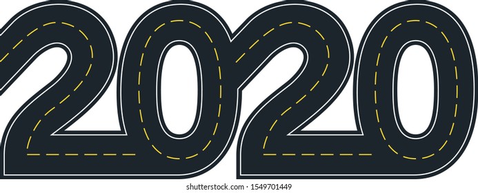 numbers of 2020 year in shape road with yellow lines separating traffic directions