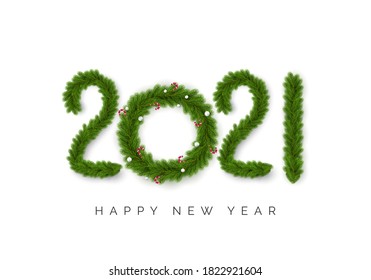 Nummern 2021 der Weihnachtsbaumzweige einzeln auf Weiß. Weihnachtsbaumkranz mit Weihnachtsbällen und Bonbons anstelle von Null. Gute Silvester-Grußkarte. Vektorgrafik