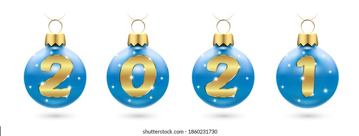 Numbers 2021 from golden confetti in New Year's blue balls, Christmas tree decorations. Festive layout for banners, posters, greeting cards in the New Year. 3d realistic white background. Vector.