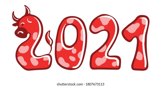 Números 2021 año nuevo con vector de dibujos animados de toros rojos