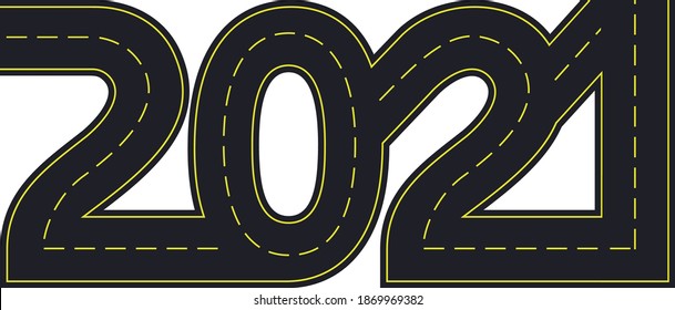 numbers of 2021 year in shape road with yellow lines separating traffic directions