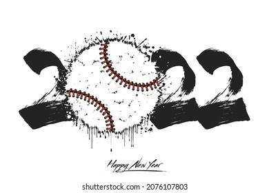 Números 2022 y una bola abstracta de béisbol hecha de manchas al estilo de grunge. Logo de texto de diseño Feliz Año Nuevo 2022. Plantilla para tarjeta de saludo, banner, afiche. Ilustración del vector en el fondo aislado