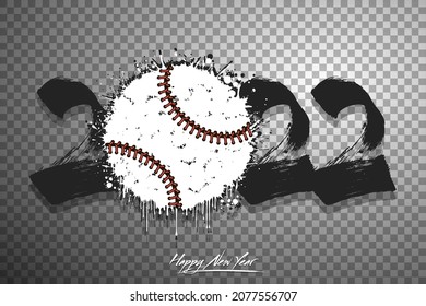 Números 2022 y una bola abstracta de béisbol hecha de manchas al estilo de grunge. Logo de texto de diseño Feliz Año Nuevo 2022. Plantilla para tarjeta de saludo, banner, afiche. Ilustración del vector en el fondo aislado