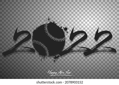 Números 2022 y una bola abstracta de béisbol hecha de manchas al estilo de grunge. Logo de texto de diseño Feliz Año Nuevo 2022. Plantilla para tarjeta de saludo, banner, afiche. Ilustración del vector en el fondo aislado