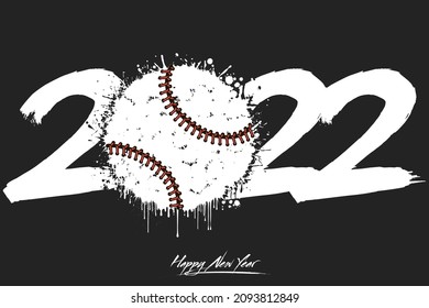Numbers 2022 and a abstract baseball ball made of blots in grunge style. Design text logo Happy New Year 2022. Template for greeting card, banner, poster. Vector illustration on isolated background