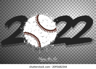 Números 2022 y una bola abstracta de béisbol hecha de manchas al estilo de grunge. Logo de texto de diseño Feliz Año Nuevo 2022. Plantilla para tarjeta de saludo, banner, afiche. Ilustración del vector en el fondo aislado
