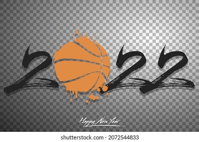 Numbers 2022 and a abstract basketball ball made of blots in grunge style. Design text logo Happy New Year 2022. Template for greeting card, banner, poster. Vector illustration on isolated background
