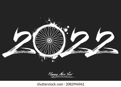 Numbers 2022 and a abstract bike wheel made of blots in grunge style. Design text logo Happy New Year 2022. Template for greeting card, banner, poster. Vector illustration on isolated background