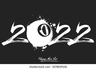 Numbers 2022 and a abstract billiard ball made of blots in grunge style. Design text logo Happy New Year 2022. Template for greeting card, banner, poster. Vector illustration on isolated background