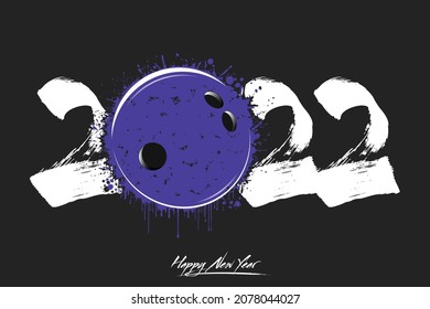 Numbers 2022 and a abstract bowling ball made of blots in grunge style. Design text logo Happy New Year 2022. Template for greeting card, banner, poster. Vector illustration on isolated background