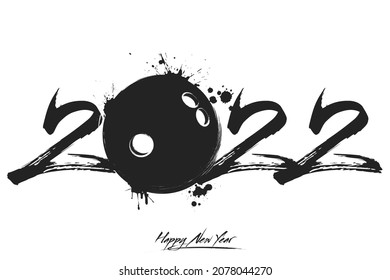 Números 2022 y una bola de bolos abstracta hecha de manchas en estilo grunge. Logo de texto de diseño Feliz Año Nuevo 2022. Plantilla para tarjeta de saludo, banner, afiche. Ilustración del vector en el fondo aislado
