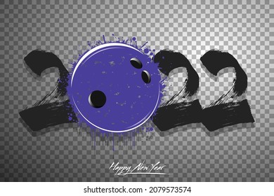 Zahlen 2022 und ein abstrakter Bowlingball aus Glocken im Grunge-Stil. Design Text-Logo Frohes neues Jahr 2022. Vorlage für Grußkarte, Banner, Poster. Vektorgrafik auf isoliertem Hintergrund