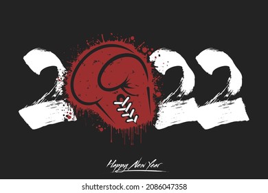 Numbers 2022 and a abstract boxing glove made of blots in grunge style. Design text logo Happy New Year 2022. Template for greeting card, banner, poster. Vector illustration on isolated background