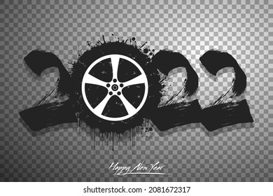 Numbers 2022 and a abstract car wheel made of blots in grunge style. Design text logo Happy New Year 2022. Template for greeting card, banner, poster. Vector illustration on isolated background