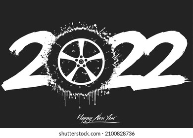 Numbers 2022 and a abstract car wheel made of blots in grunge style. Design text logo Happy New Year 2022. Template for greeting card, banner, poster. Vector illustration on isolated background