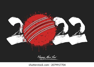 Numbers 2022 and a abstract cricket ball made of blots in grunge style. Design text logo Happy New Year 2022. Template for greeting card, banner, poster. Vector illustration on isolated background