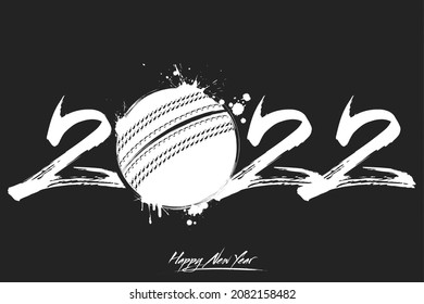 Numbers 2022 and a abstract cricket ball made of blots in grunge style. Design text logo Happy New Year 2022. Template for greeting card, banner, poster. Vector illustration on isolated background