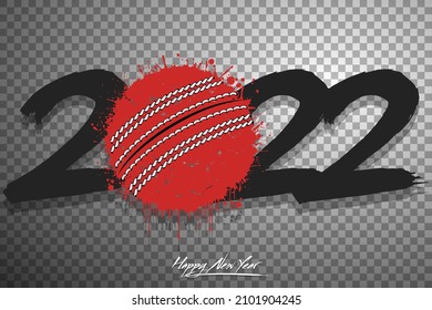 Numbers 2022 and a abstract cricket ball made of blots in grunge style. Design text logo Happy New Year 2022. Template for greeting card, banner, poster. Vector illustration on isolated background