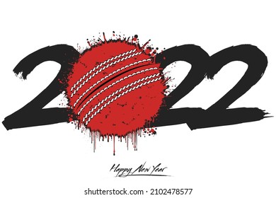 Numbers 2022 and a abstract cricket ball made of blots in grunge style. Design text logo Happy New Year 2022. Template for greeting card, banner, poster. Vector illustration on isolated background