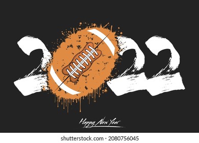 Numbers 2022 and a abstract football ball made of blots in grunge style. Design text logo Happy New Year 2022. Template for greeting card, banner, poster. Vector illustration on isolated background