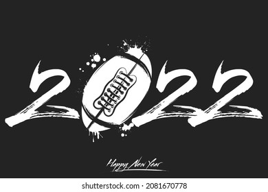 Numbers 2022 and a abstract football ball made of blots in grunge style. Design text logo Happy New Year 2022. Template for greeting card, banner, poster. Vector illustration on isolated background