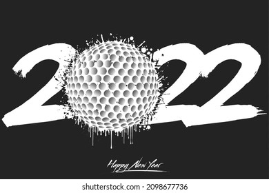 Números 2022 y una bola de golf abstracta hecha de manchas de estilo grunge. Logo de texto de diseño Feliz Año Nuevo 2022. Plantilla para tarjeta de saludo, banner, afiche. Ilustración del vector en el fondo aislado