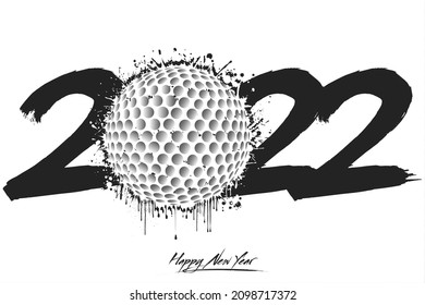 Numbers 2022 and a abstract golf ball made of blots in grunge style. Design text logo Happy New Year 2022. Template for greeting card, banner, poster. Vector illustration on isolated background