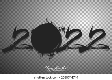 Numbers 2022 and a abstract hockey puck made of blots in grunge style. Design text logo Happy New Year 2022. Template for greeting card, banner, poster. Vector illustration on isolated background