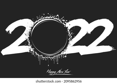Numbers 2022 and a abstract hockey puck made of blots in grunge style. Design text logo Happy New Year 2022. Template for greeting card, banner, poster. Vector illustration on isolated background