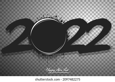 Numbers 2022 and a abstract hockey puck made of blots in grunge style. Design text logo Happy New Year 2022. Template for greeting card, banner, poster. Vector illustration on isolated background
