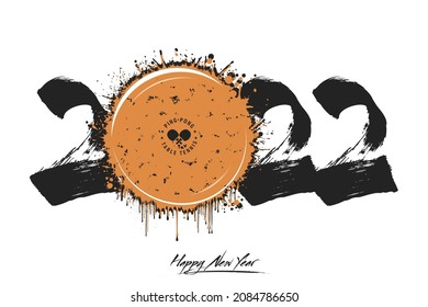 Numbers 2022 and a abstract ping-pong ball made of blots in grunge style. Design text logo Happy New Year 2022. Template for greeting card, banner, poster. Vector illustration on isolated background
