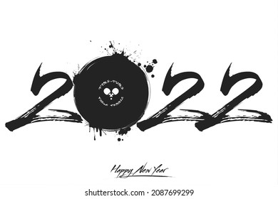 Numbers 2022 and a abstract ping-pong ball made of blots in grunge style. Design text logo Happy New Year 2022. Template for greeting card, banner, poster. Vector illustration on isolated background