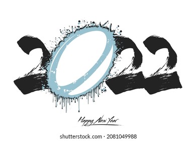 Numbers 2022 and a abstract rugby ball made of blots in grunge style. Design text logo Happy New Year 2022. Template for greeting card, banner, poster. Vector illustration on isolated background