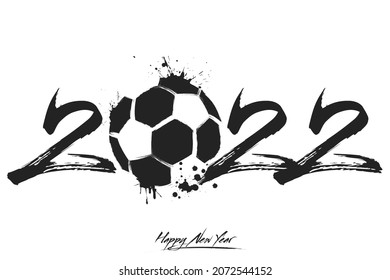 Numbers 2022 and a abstract soccer ball made of blots in grunge style. Design text logo Happy New Year 2022. Template for greeting card, banner, poster. Vector illustration on isolated background