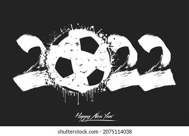 Numbers 2022 and a abstract soccer ball made of blots in grunge style. Design text logo Happy New Year 2022. Template for greeting card, banner, poster. Vector illustration on isolated background
