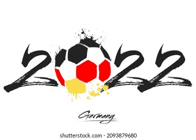 Numbers 2022 and a abstract soccer ball painted in the colors of the Germany flag. 2022 and flag of Germany in the form of a soccer ball made of blots. Vector illustration on isolated background